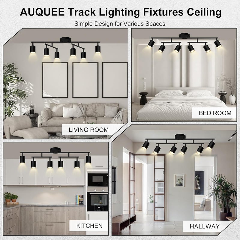 AUQUEE 6 Light Track Lighting Fixtures Ceiling, Matte Black Kichen Track Lighting Fixtures with Rotatable Light Heads, Upgrade Light Poles, Modern LED Sopt Lights for Kitchen/Hallway, No GU10 Bulb - Image 5